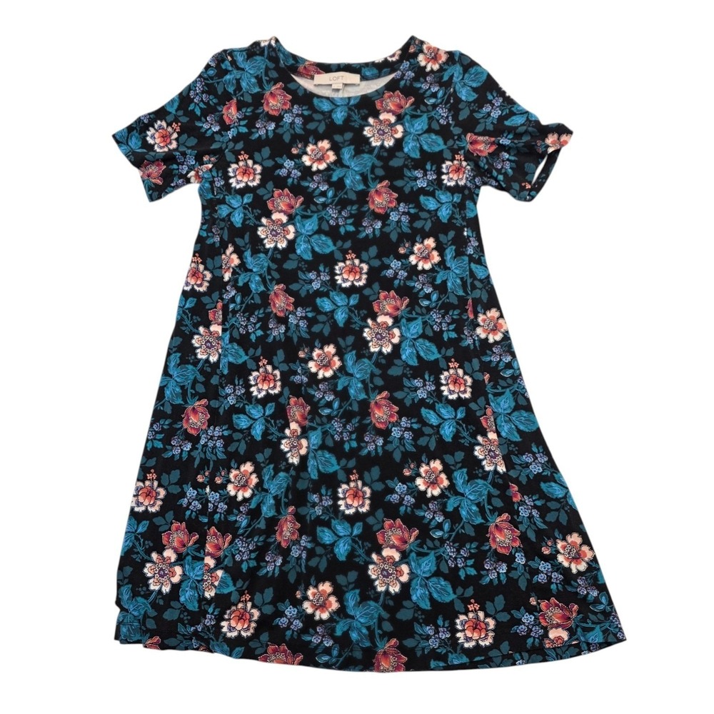 LOFT Floral Short Sleeve Swing Jersey Knit Dress Sz XS Boho Modest Cottagecore - Picture 2 of 7